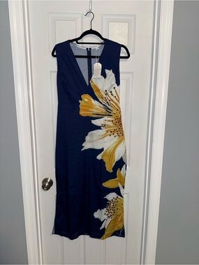 Sleeveless Navy Midi Dress with Yellow & White Floral Print